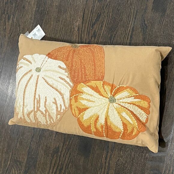 Pottery Barn Pumpkin Fall Autumn Crewel Embroidery Down Pillow & Cover 26" x 16" - Picture 1 of 8